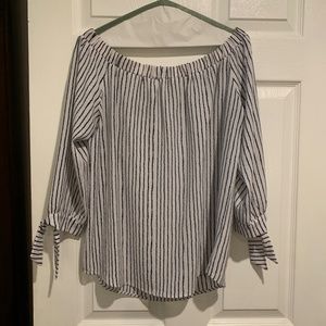 Veronic M-white with blue stripes, off the shoulder with cut out/tie sleeves.